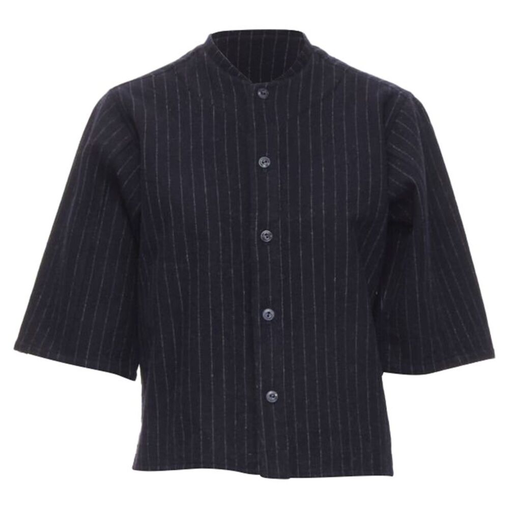 Comme des Garcons navy blue pinstripe wool baseball shirt